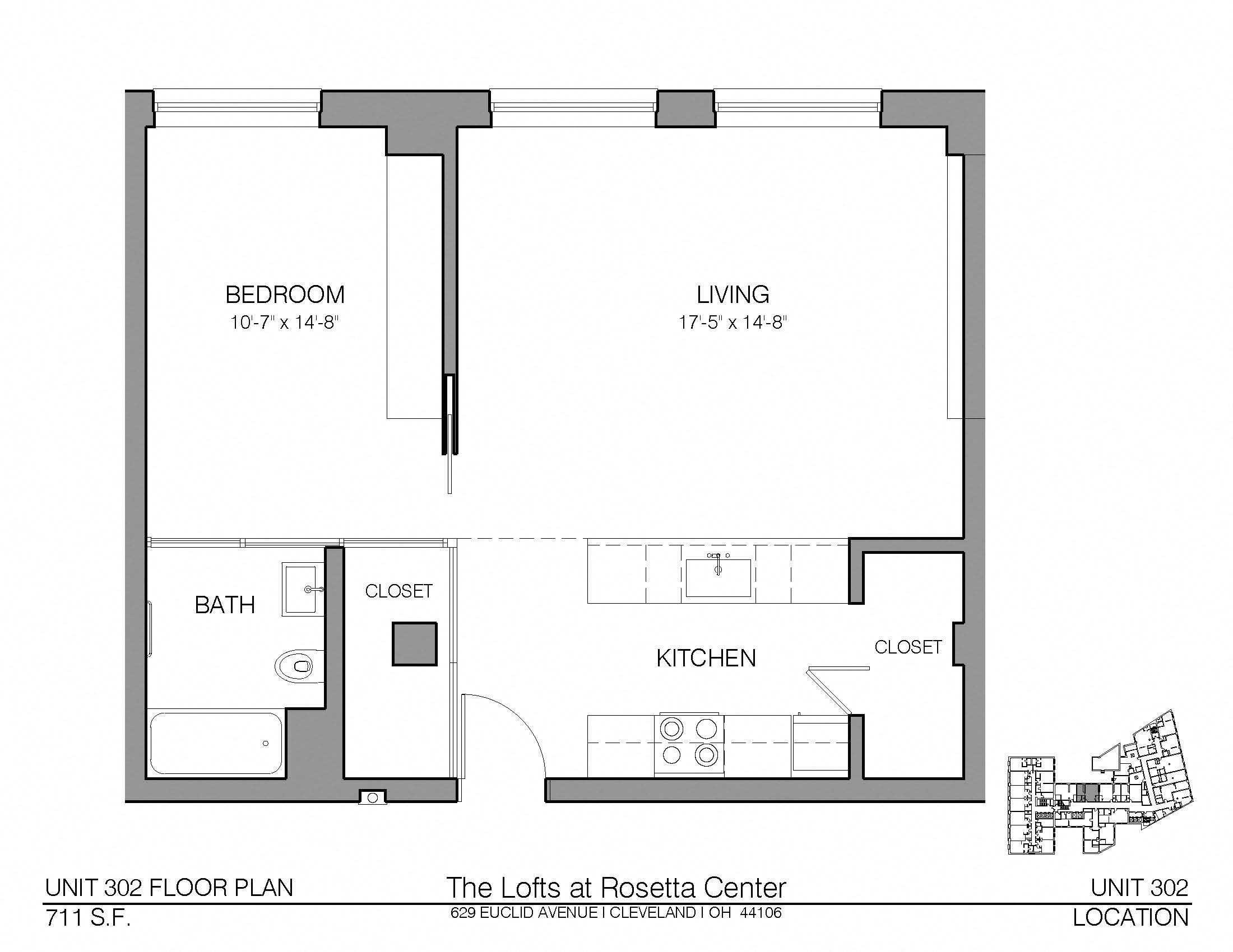 Floor plan for 1 bed, 1 bath, 711 sqft